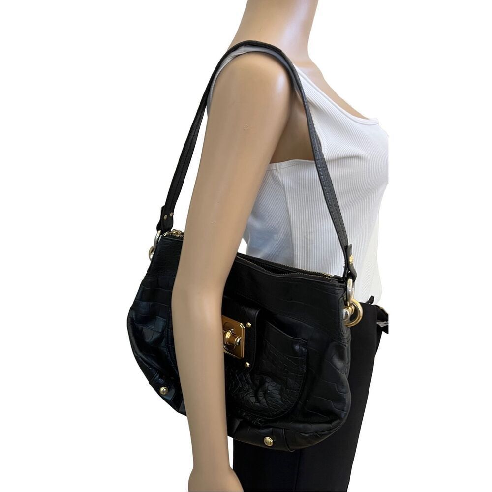 B. Makowsky Astor Black Leather Croc Print Hobo Shoulder Bag *Excellent Conditio